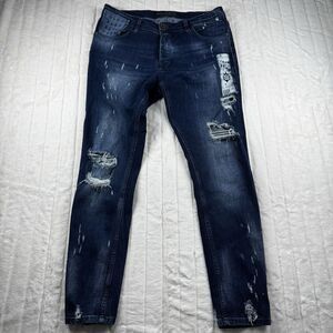 Ron Tomson Logo Graphic Distressed Jeans Men 34x30 Slim Straight Stretch Luxury